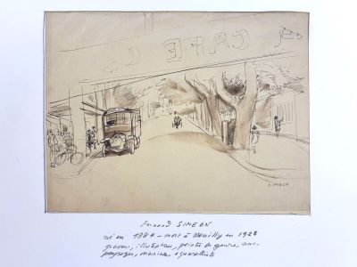 drawing of a street scene with a car and a tree