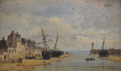 une image d'une peinture représentant une scène de port avec des bateaux dans l'eau