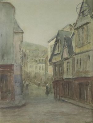 a painting of a city street with buildings on both sides of the street