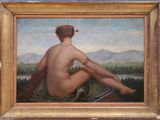 une peinture à l'huile représentant une femme nue assise sur une couverture