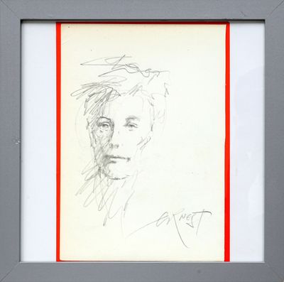 drawing of a woman ' s face in a picture frame with a red border