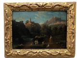 une image représentant un tableau où l'on voit un homme et un chien dans un paysage