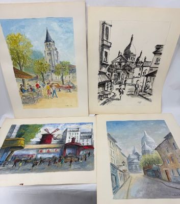 trois tableaux représentant une scène de rue avec des bâtiments et une tour horloge