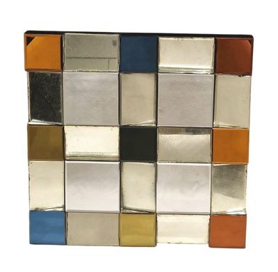 silver, orange, blue, and gold mosaic tile picture frame