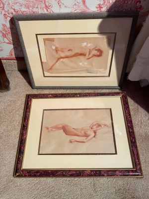 pair of framed nudes in purple and gold frames