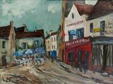 une peinture représentant une scène de rue avec des personnes marchant dans la rue