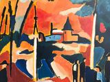 une peinture à l'huile représentant des bateaux dans un port au coucher du soleil, avec une église en arrière-plan