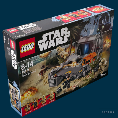 une boîte contenant des sets Lego Star Wars sur fond bleu