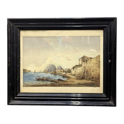 une image d'une peinture représentant une scène de plage avec un bateau dans l'eau
