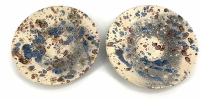 une paire d'assiettes bleues et blanches ornées de motifs mouchetés