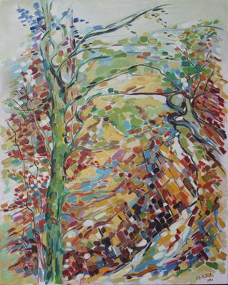a painting of a painting of a tree in a field