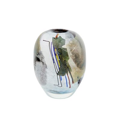 a glass vase with a painting of a bird on it