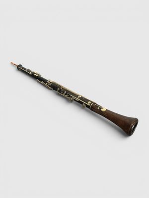 a close up of a clarinet on a white surface