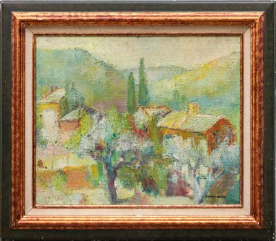 an oil painting of a landscape with trees and houses in the background