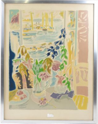an image of a painting of flowers in a vase in front of a window