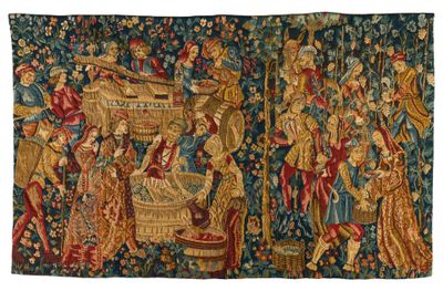 une image représentant une tapisserie sur laquelle figurent des personnages et des animaux