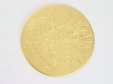 a gold coin with a picture of a city on it