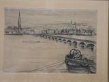 a drawing of a boat on the water near a bridge