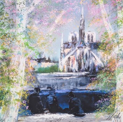 une peinture à l'huile représentant un couple assis sur un banc devant une cathédrale