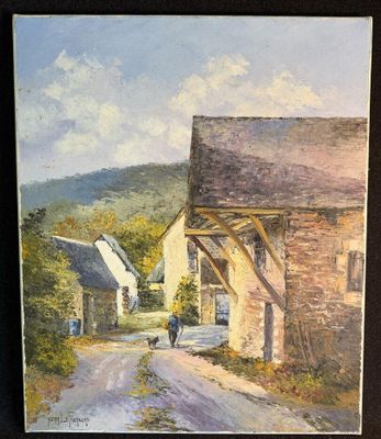 une peinture à l'huile représentant une personne promenant son chien sur une route de campagne