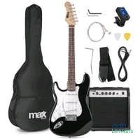une guitare électrique avec son étui, un ampli et des accessoires