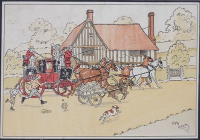 tableau représentant une calèche tirée par des chevaux, avec des personnes et des chiens devant une maison