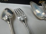 three silver spoons and two silver forks on a table