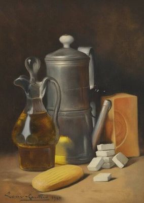tableau représentant une nature morte avec un pichet, une cruche, un couteau et d'autres objets posés sur une table