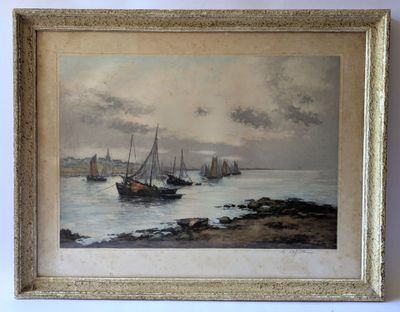 an image of a painting of boats in a body of water
