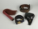 several different types of leather items are shown on a white surface