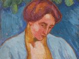an image of a painting of a woman sitting in front of a tree