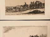 two black and white pictures of people on a boat and a man on a horse