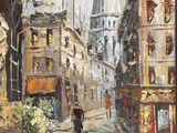 painting of a man walking down a city street with a church in the background