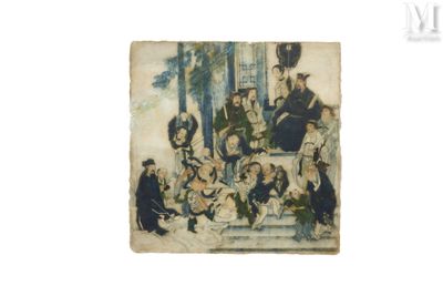 un tableau représentant un groupe de personnes assises sur les marches