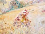 a painting of a woman walking in a field with a parasol