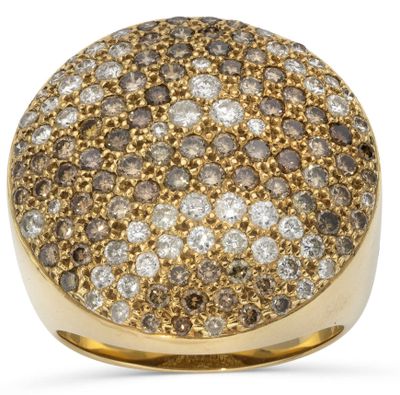 a yellow gold ring with brown and white diamonds