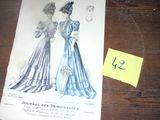 une illustration ancienne représentant deux femmes en robe bleue posées sur une table