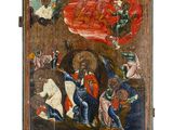 un tableau représentant un groupe de personnes dans un champ, avec une croix