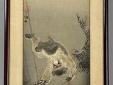 painting of a cat hanging on a bamboo tree branch with a bird in the background