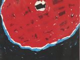 painting of a red pie on a black background with a blue border