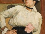 tableau représentant une femme vêtue d'une chemise blanche et d'une jupe noire, avec une fleur dans les cheveux
