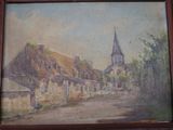 an old painting of a village with a church in the background