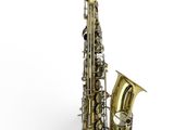 un saxophone doré avec une poignée noire sur fond blanc