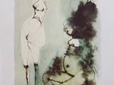 dessin représentant une femme en robe blanche debout à côté d'un homme en robe noire et blanche
