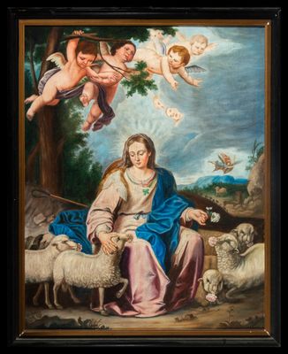 une image représentant un tableau de la Vierge à l'Enfant entourée de moutons