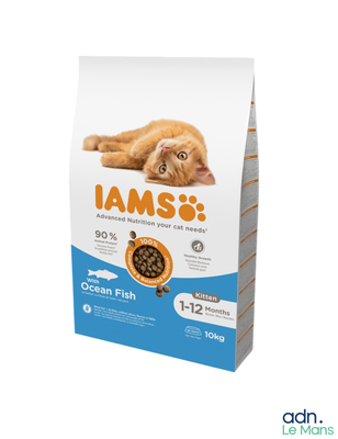 un sac de croquettes pour chat Iams « Ocean Fish » sur lequel est représenté un chat allongé