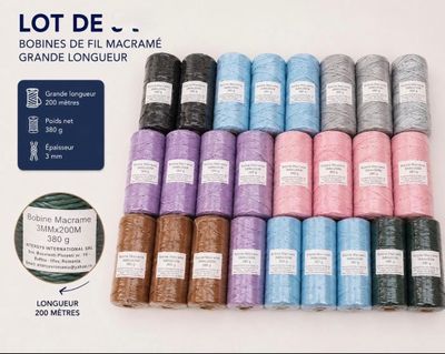 Lot de 25 bobines de fils macramé 380 gr grande longueur mél…