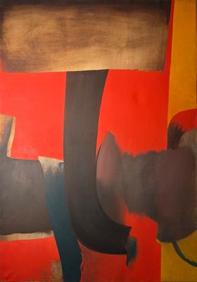 peinture abstraite représentant un chien et un chat sur un fond rouge, jaune et noir