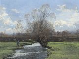a painting of a man standing by a stream