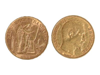 Deux pièces de vingt francs or, une Napoléon III tête nue, 1… - Photo 1